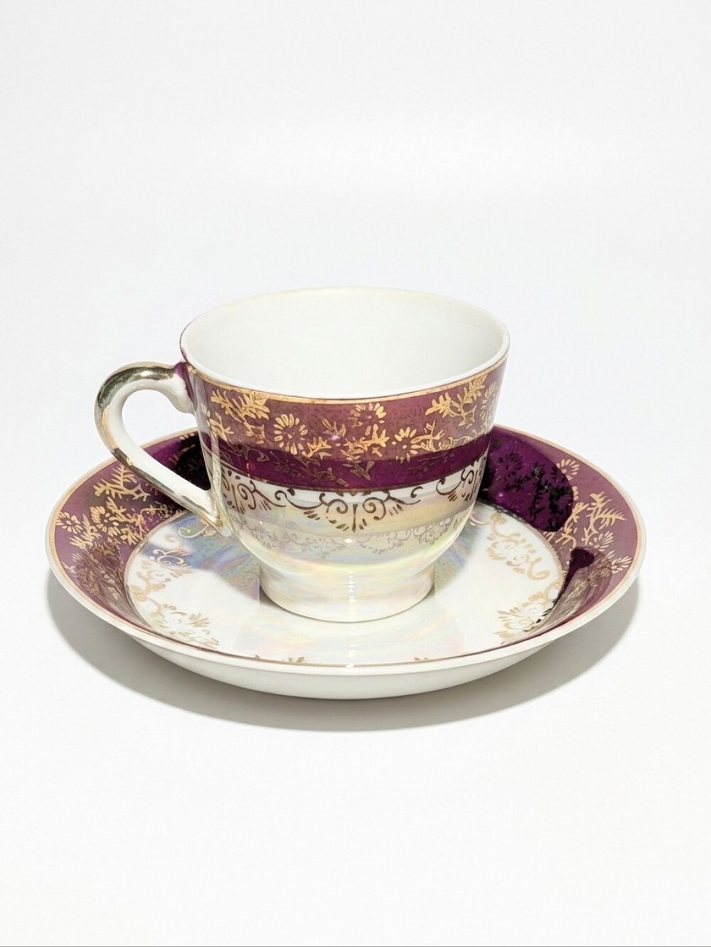 1970s K-mart Demitasse Cup Saucer Set Burgundy Gold Lusterware Japan Set A